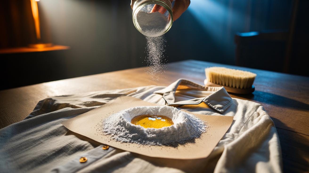 cornstarch sprinkled on grease stain