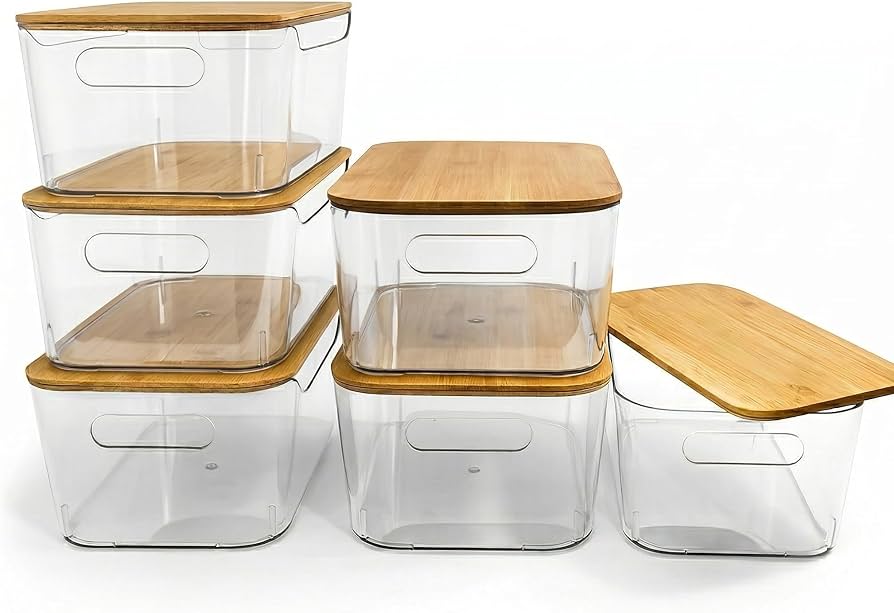 stackable clear storage bins in kitchen pantry