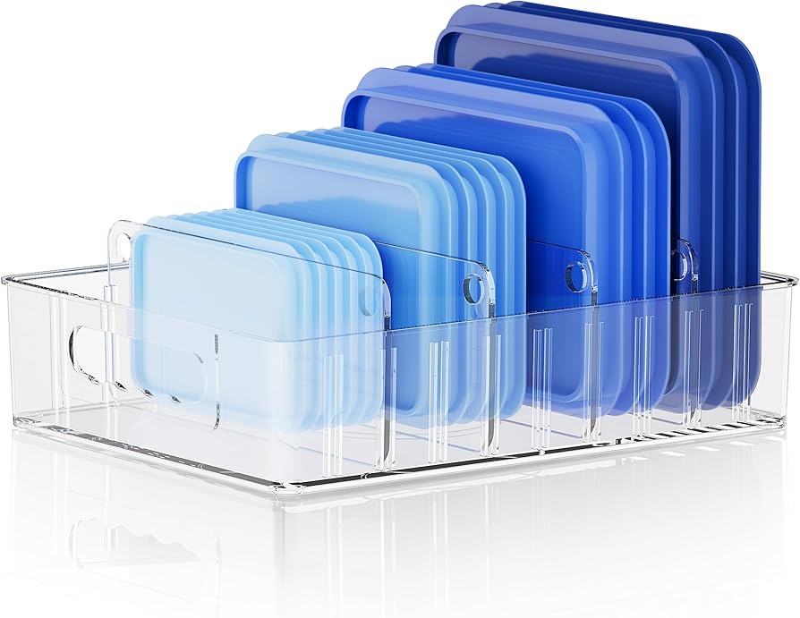 vertical lid organizer inside kitchen cabinet