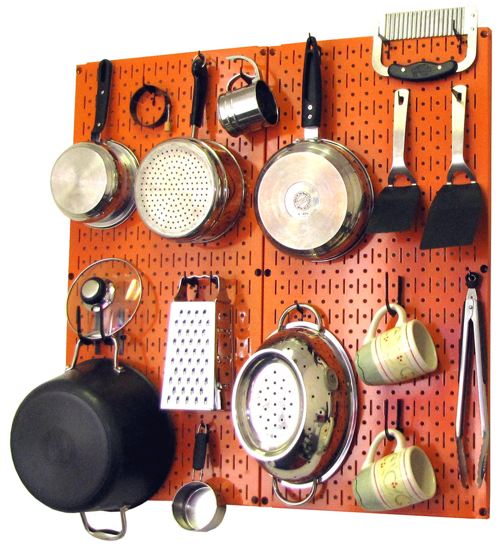 kitchen pegboard with hooks and shelves