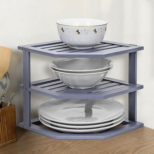 corner kitchen shelf unit with stacked bowls