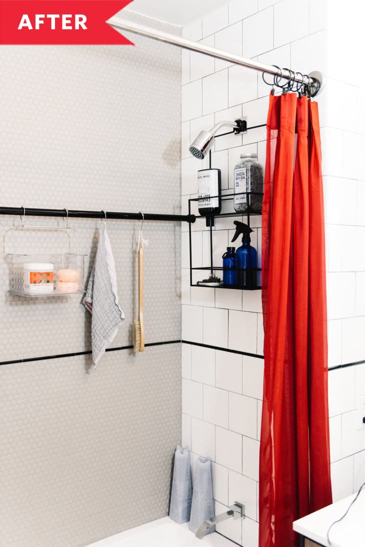 shower tension rod with hanging caddy baskets bathroom storage hacks