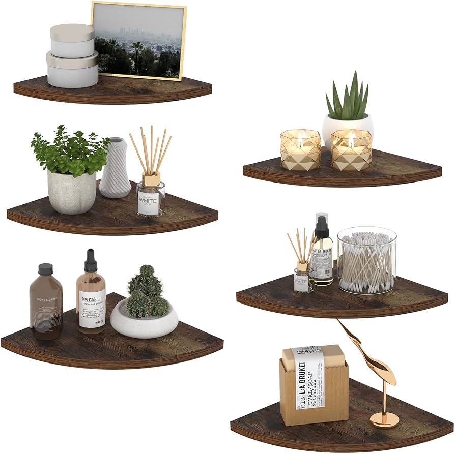 floating corner shelves in bathroom with plants and soap