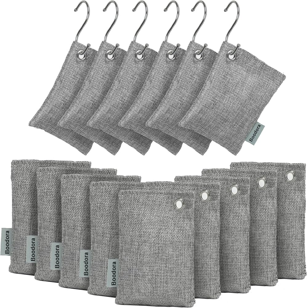 activated charcoal bags hanging in closet