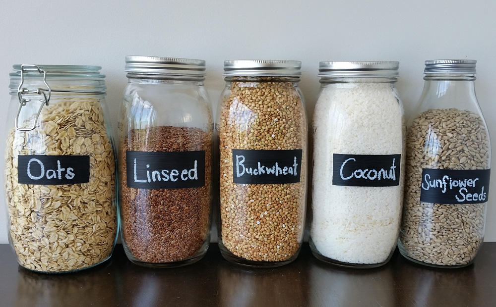 glass jars with seeds and labels