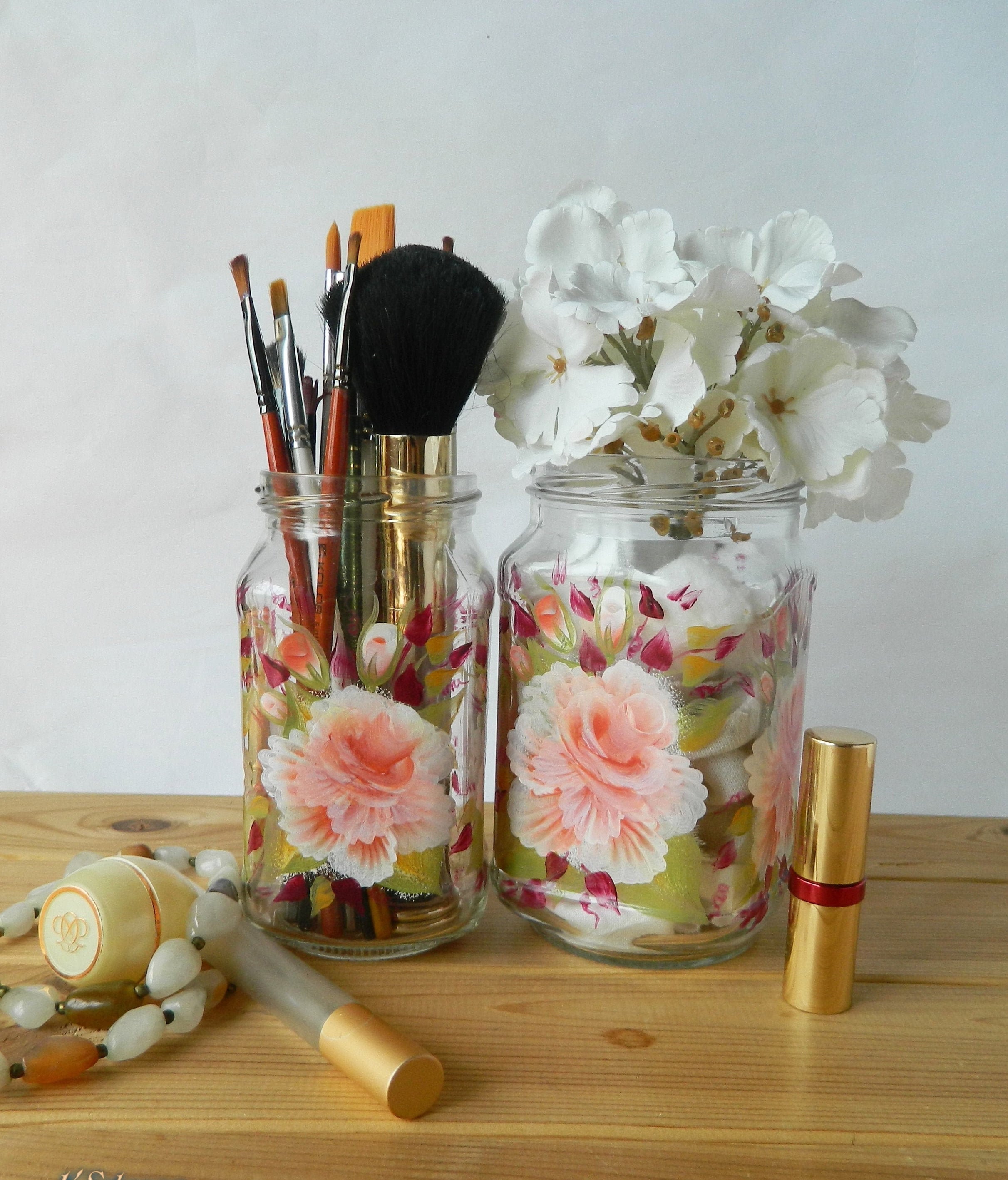 glass jars with makeup brushes