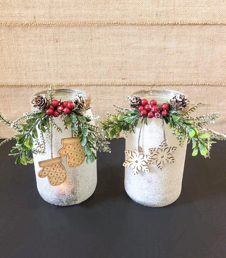 cozy mason jar winter centerpiece with pine and burlap