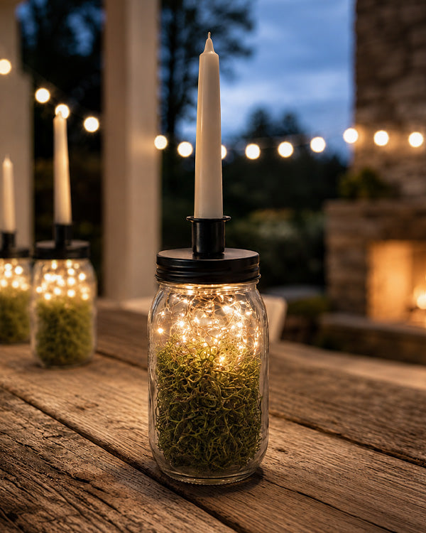 mason jar candle with pinecones on lid