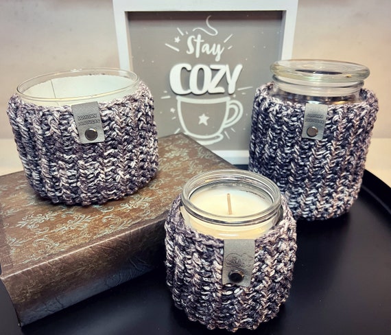 knit wrapped mason jar with candle