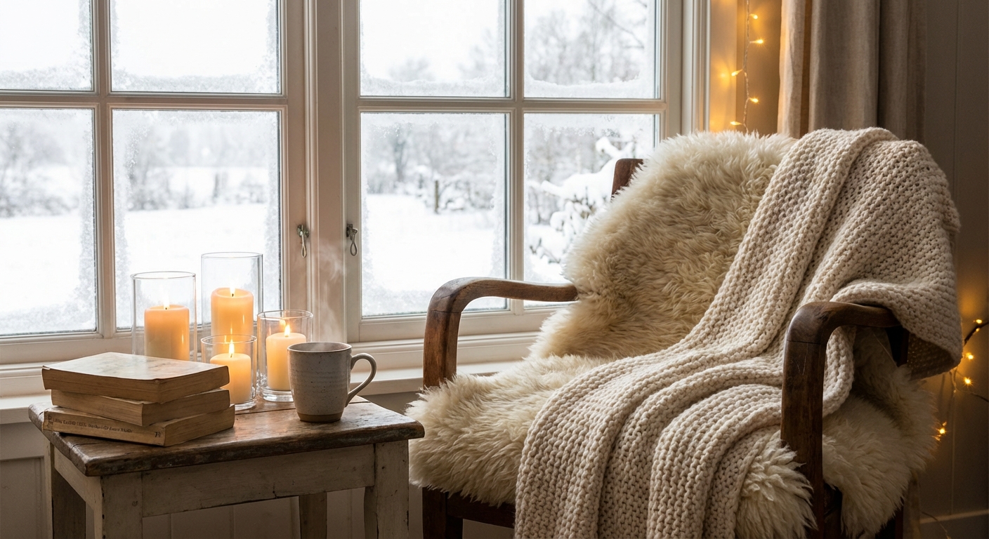 scandinavian living room with sheepskin rug and candles