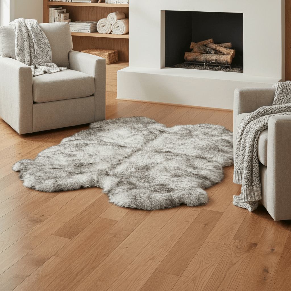sheepskin rug on wooden floor scandinavian living room