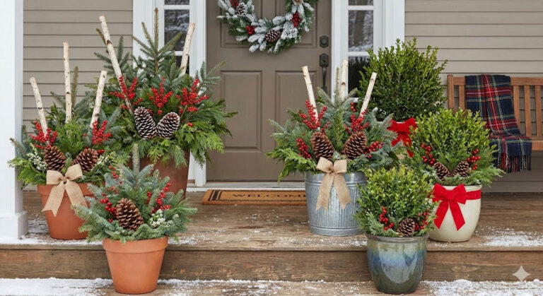 pinecone evergreen winter pot on porch