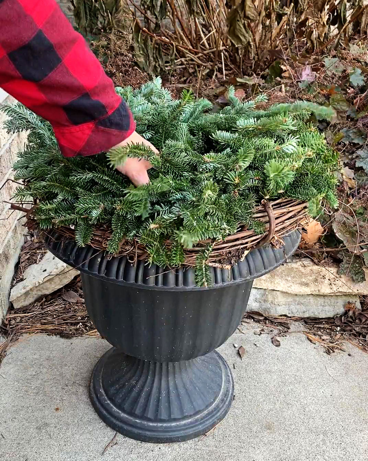 painted pot silver evergreen winter porch