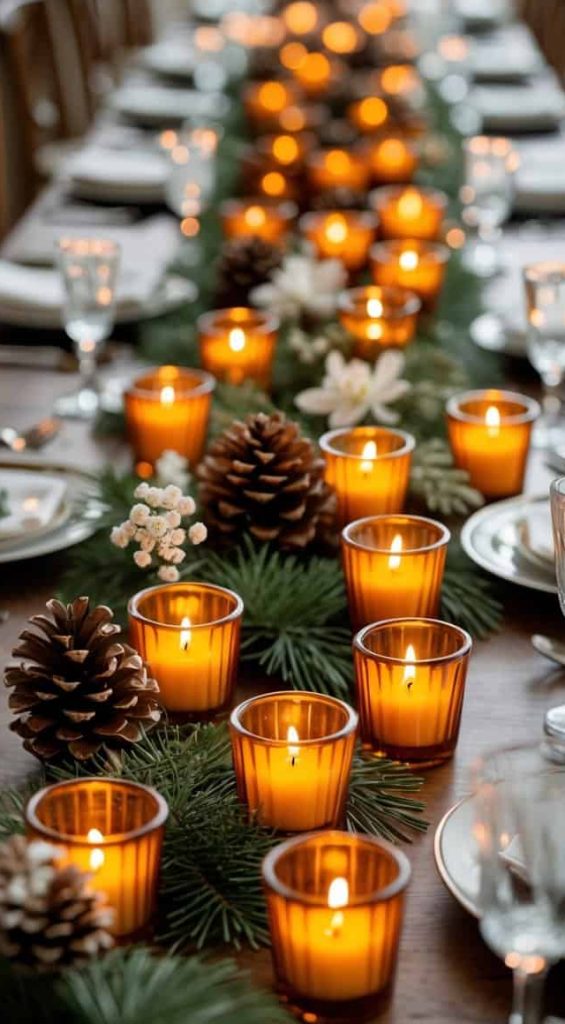 winter tablescape with lit candles