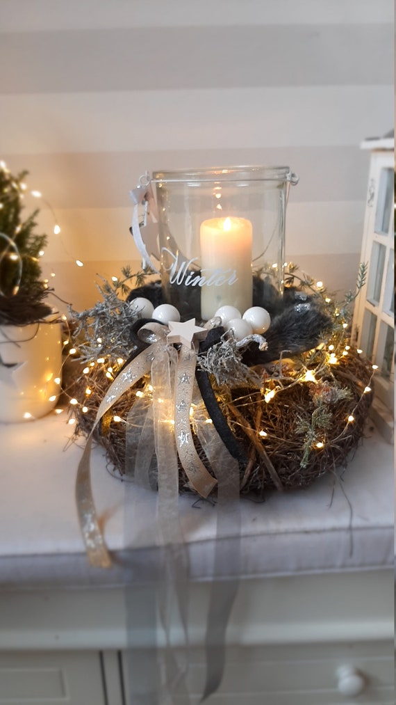 lantern winter wreath with candle