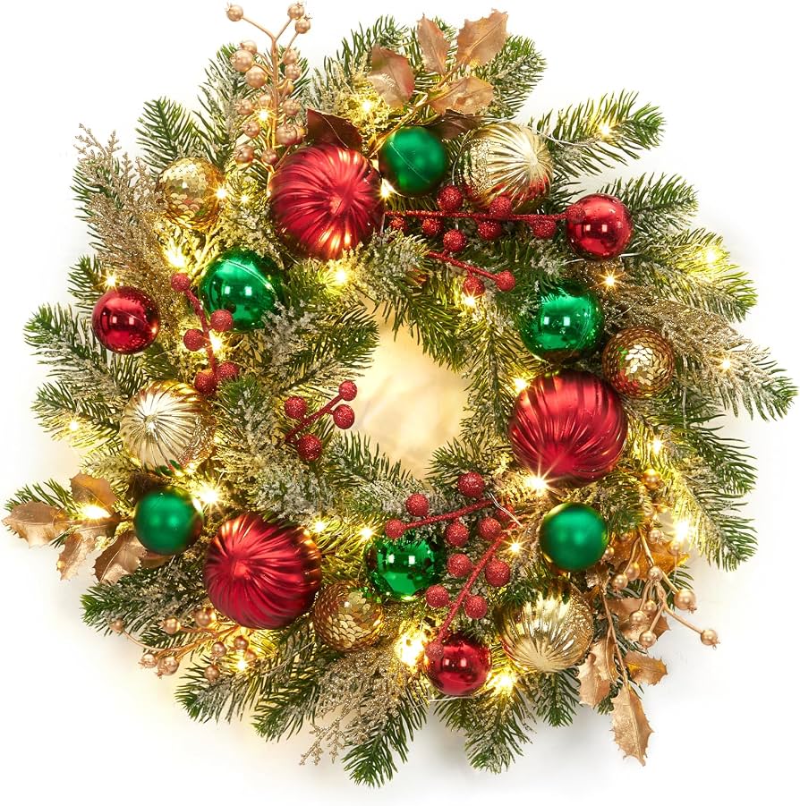 lighted winter wreath on door