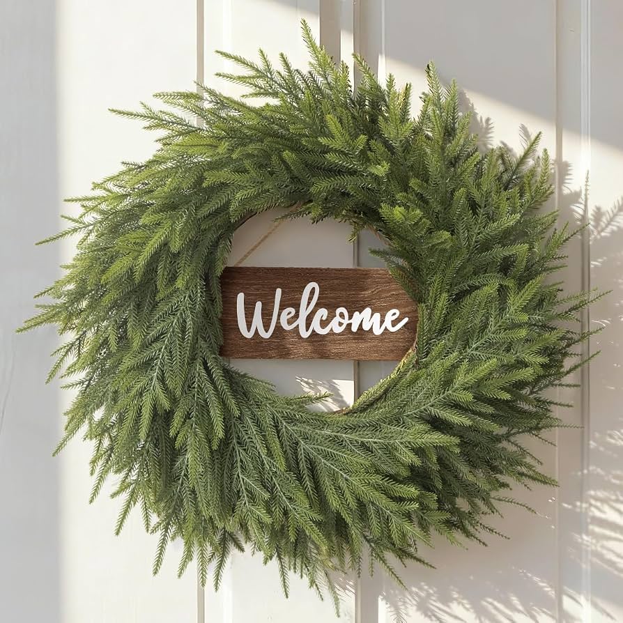 evergreen wreath on front door winter porch decor