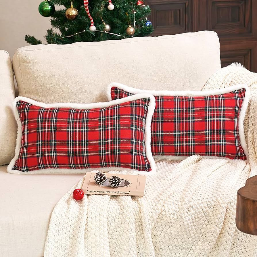 plaid pillows on outdoor bench winter porch decor