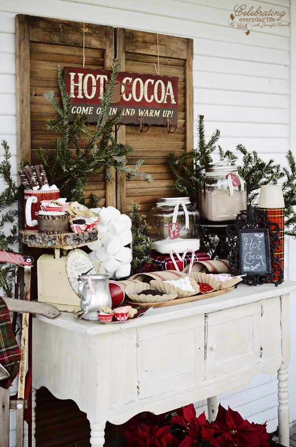 hot cocoa station on porch table