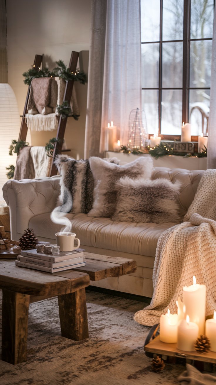 cozy winter living room with layered throws and candles