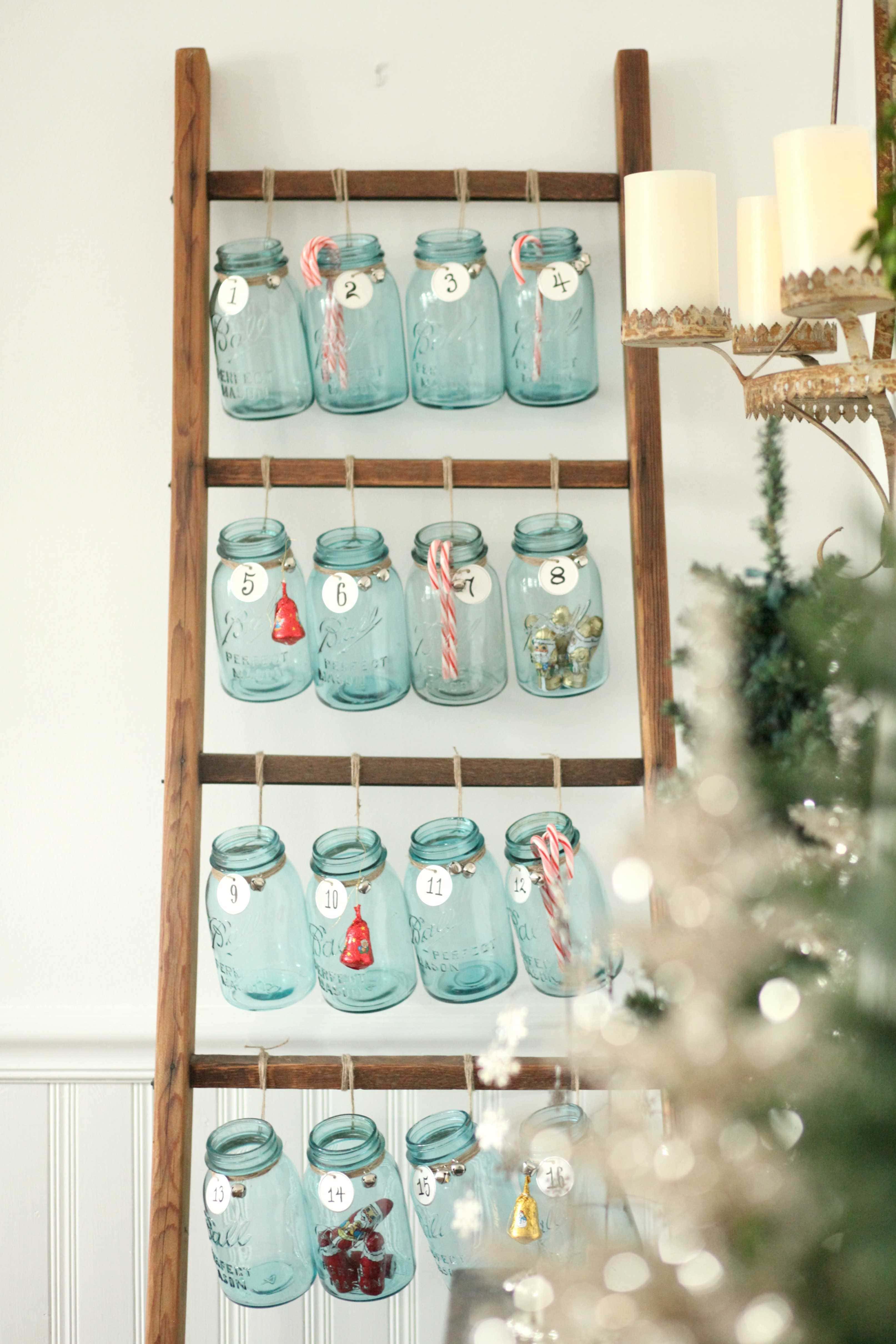 mason jar advent calendar on shelf