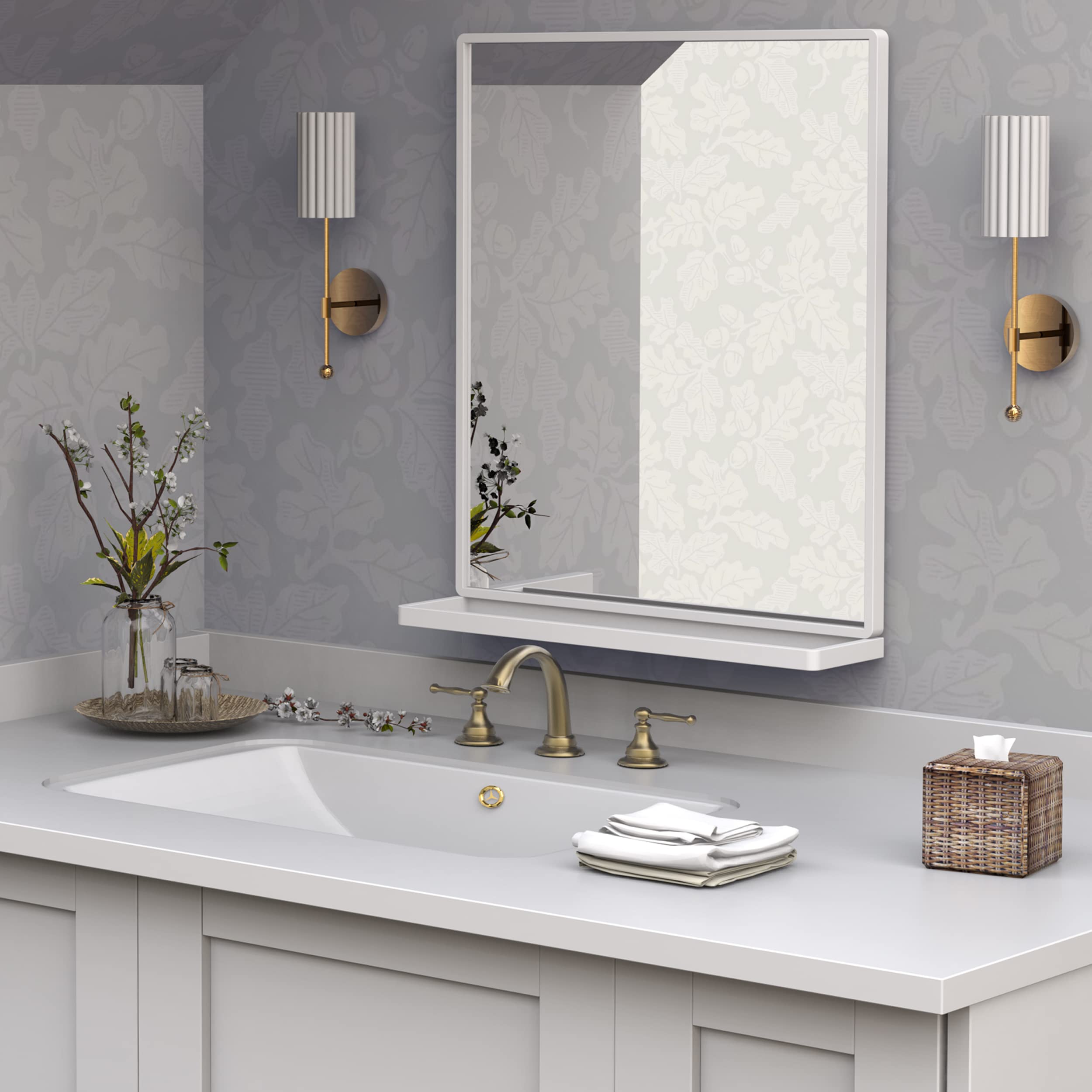 white framed mirror on shelf