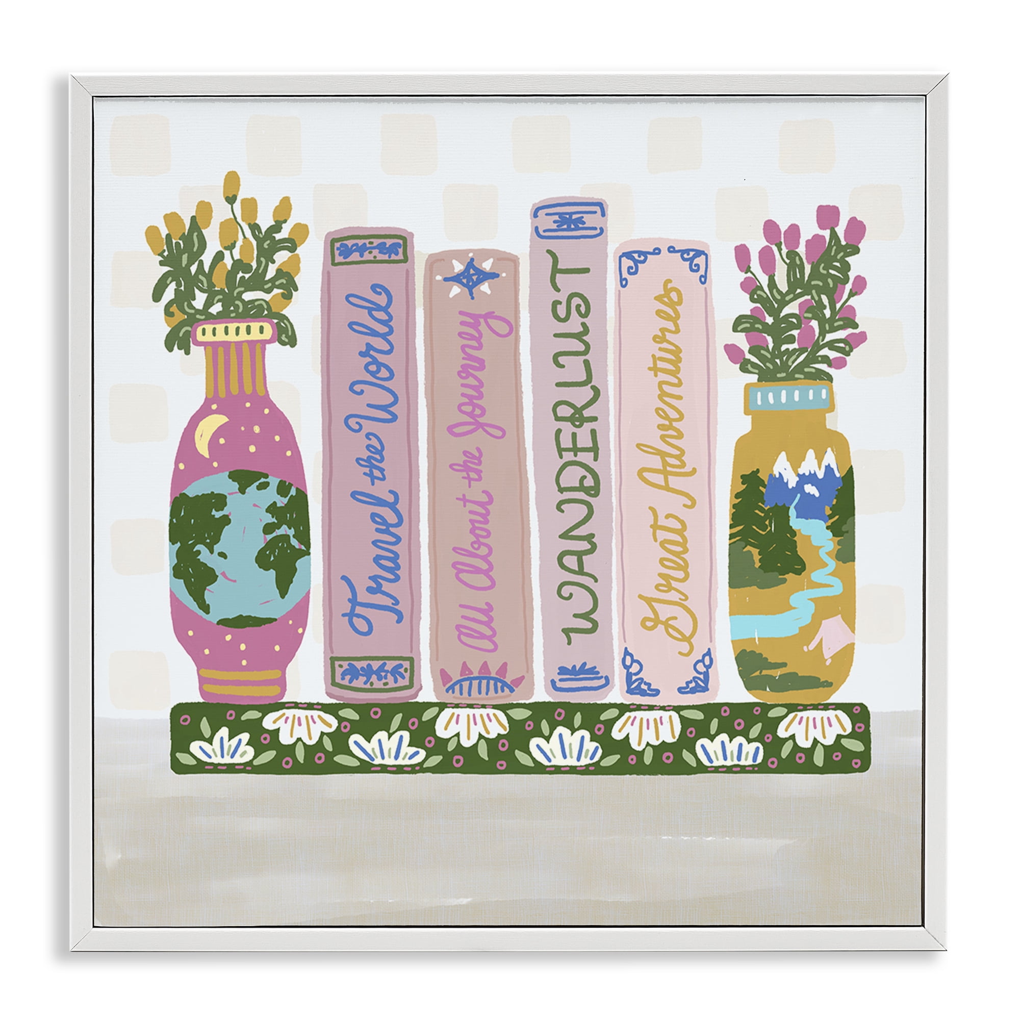 white framed art on shelf