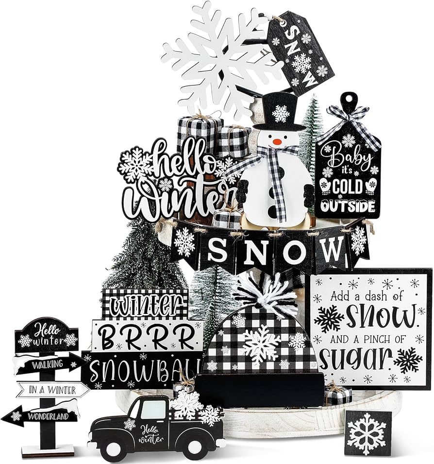 white tray with winter decor on shelf