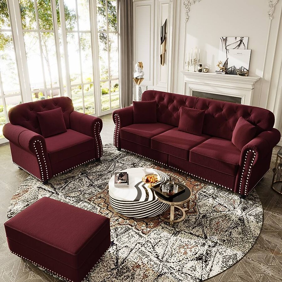 burgundy velvet sofa in living room
