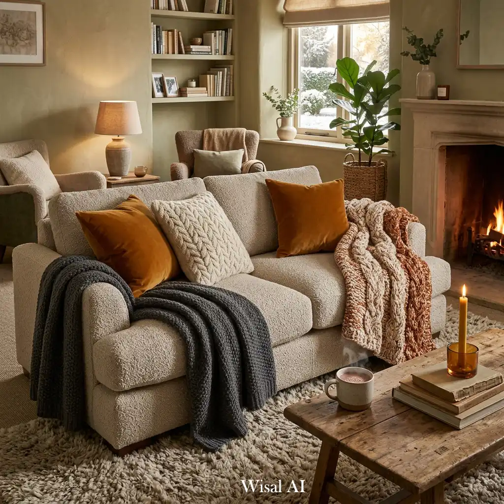 warm taupe sectional sofa with wool throws colors a cozy winter living room