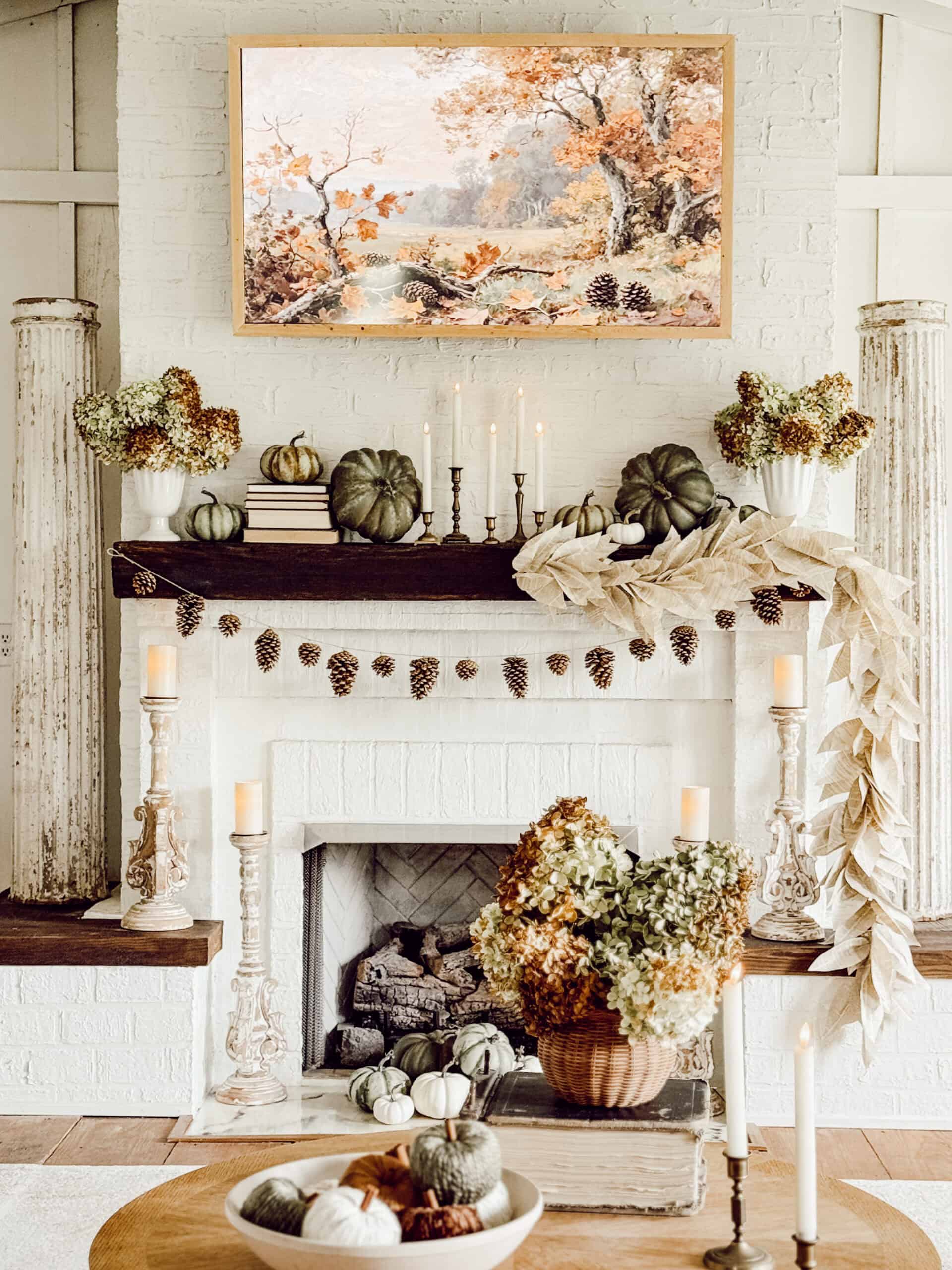 pinecone garland on wooden mantel