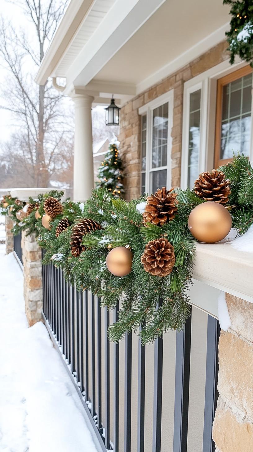 pinecone garland on porch rail