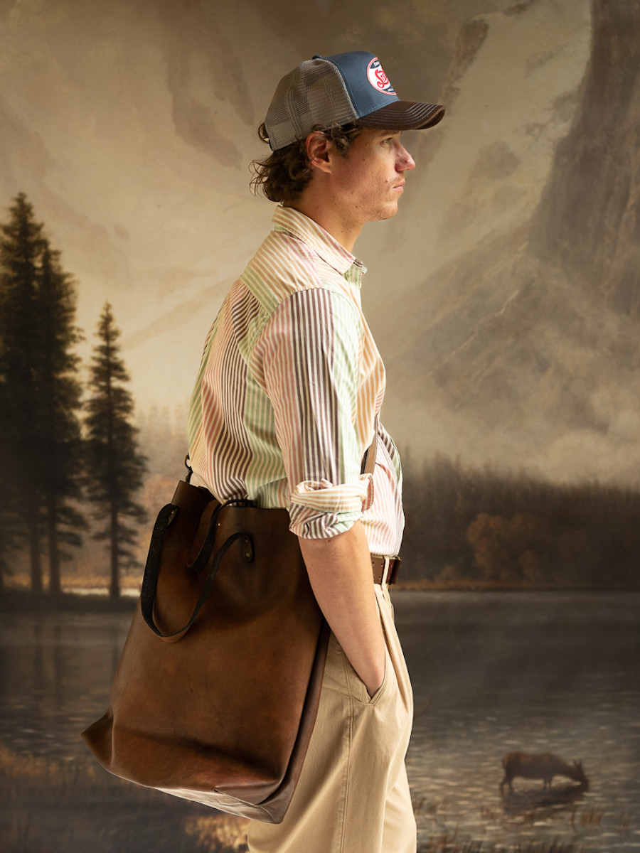 old leather tote bag