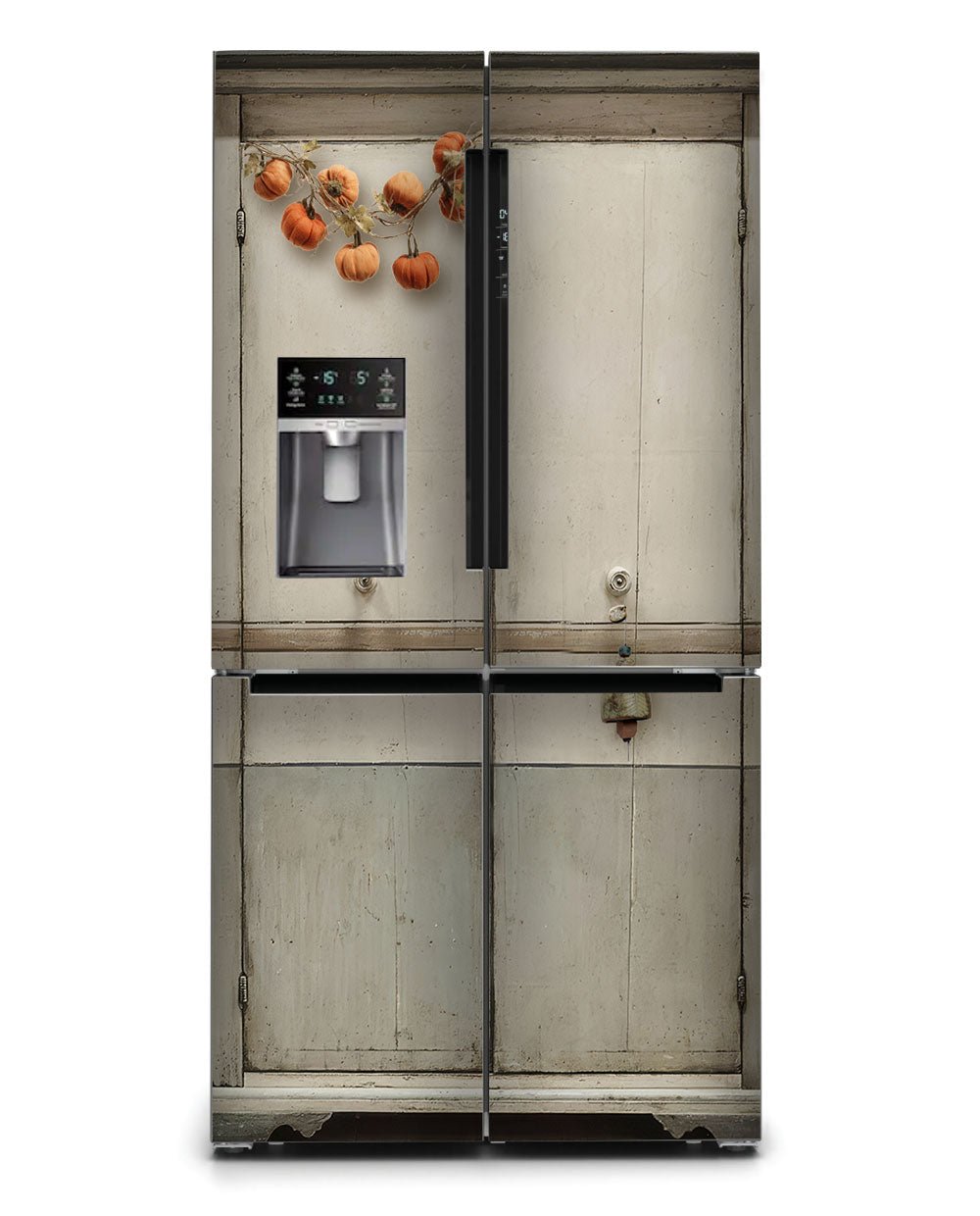 open refrigerator with pumpkin inside