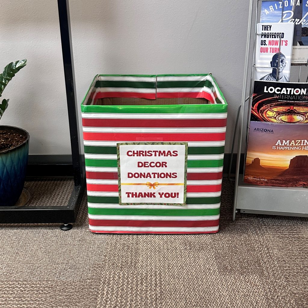 donation box of christmas ornaments