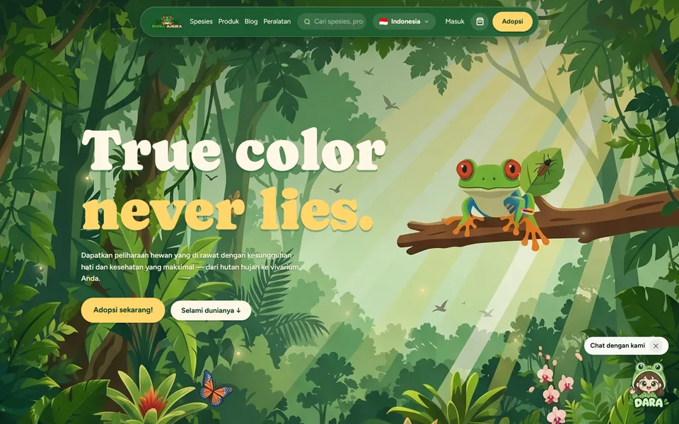 Halaman depan Dunia Anura: ilustrasi hutan hujan dengan katak hijau dan judul True color never lies.