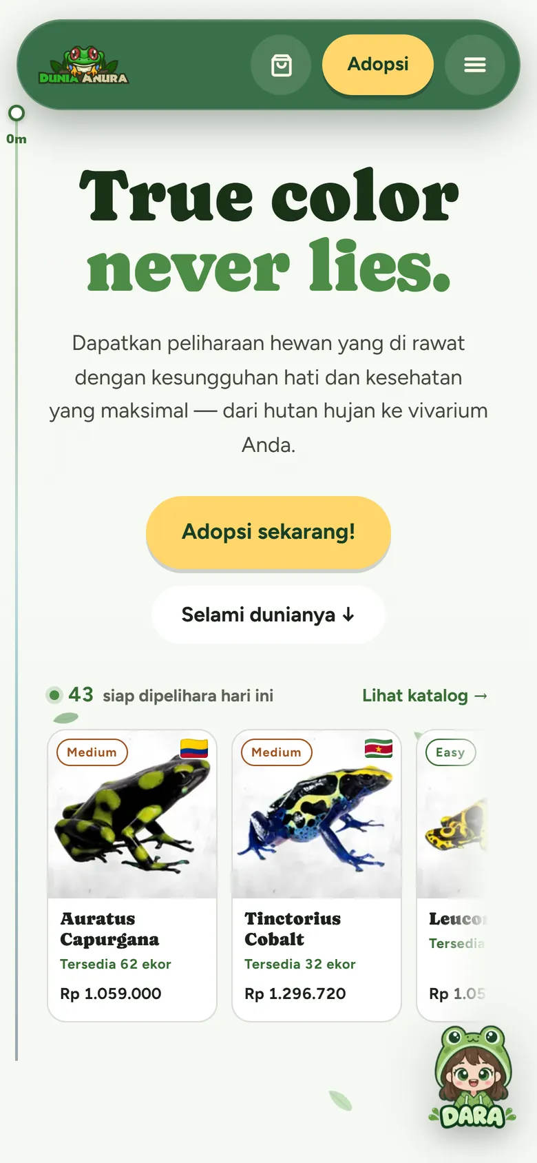 Dunia Anura di layar HP: judul True color never lies dan tombol adopsi.