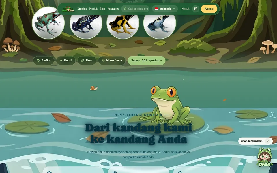 Dunia Anura: ilustrasi kolam dengan katak dan judul Dari kandang kami ke kandang Anda.