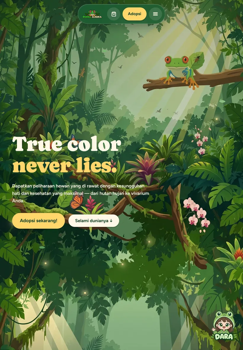 Dunia Anura di tablet: ilustrasi hutan dan katak dengan judul besar.