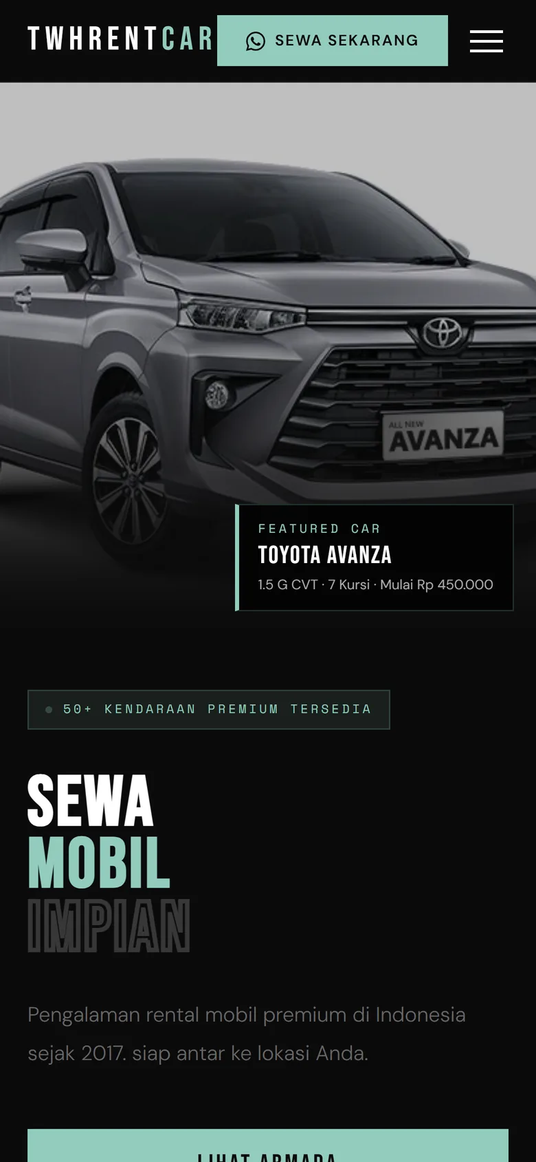 TWH Rent Car di layar HP: foto Toyota Avanza dan judul Sewa mobil impian.
