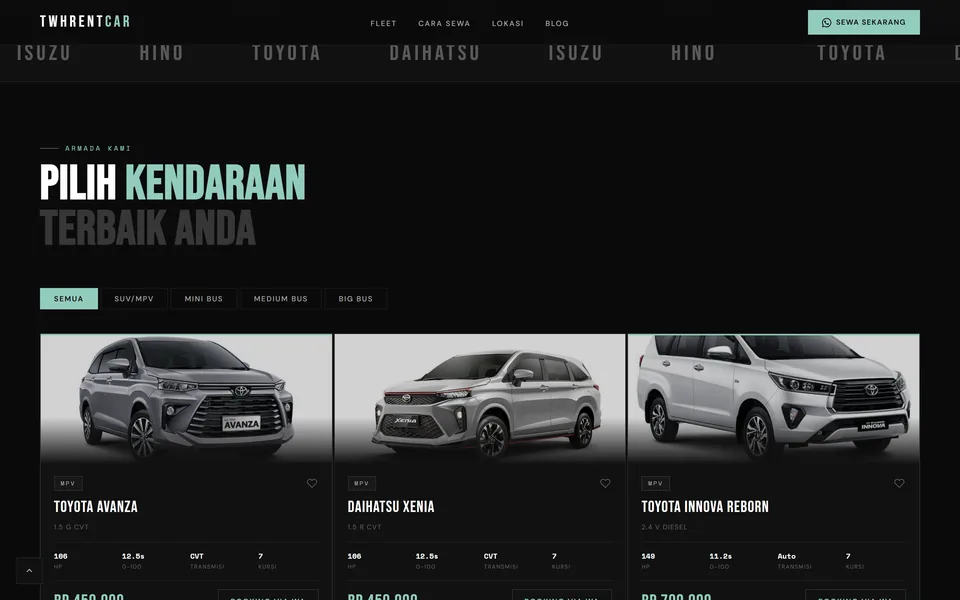 TWH Rent Car: bagian Pilih kendaraan terbaik Anda dengan filter jenis mobil dan kartu Avanza, Xenia, dan Innova.