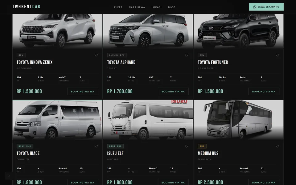 TWH Rent Car: kartu armada Innova Zenix, Alphard, Fortuner, Hiace, Elf, dan bus dengan harga sewa per hari.