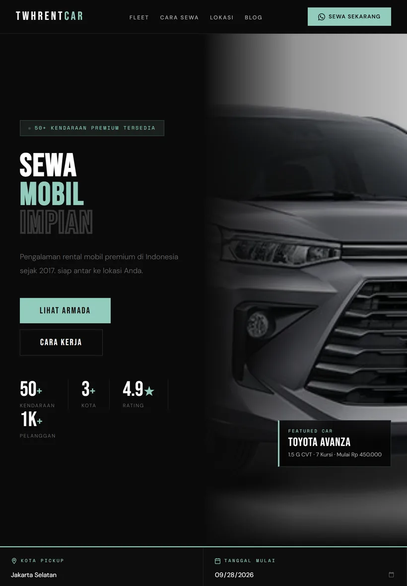 TWH Rent Car di tablet: judul Sewa mobil impian, angka armada dan rating, dan mobil di sisi kanan.