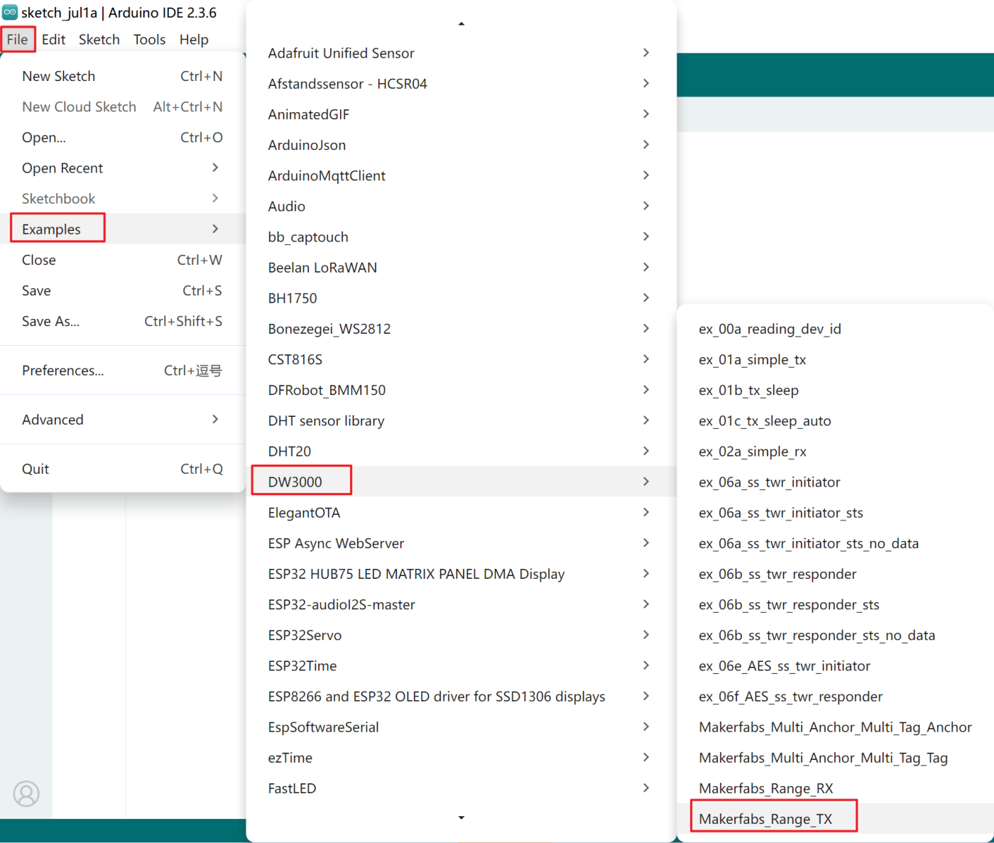 Arduino IDE-də Makerfabs DW3000 UWB platası üçün nümunə sketçlər menyusu