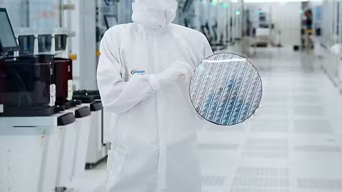 Infineon müəssisəsində təmiz otaqda 300 mm yarımkeçirici vafli ilə işləyən mühəndis