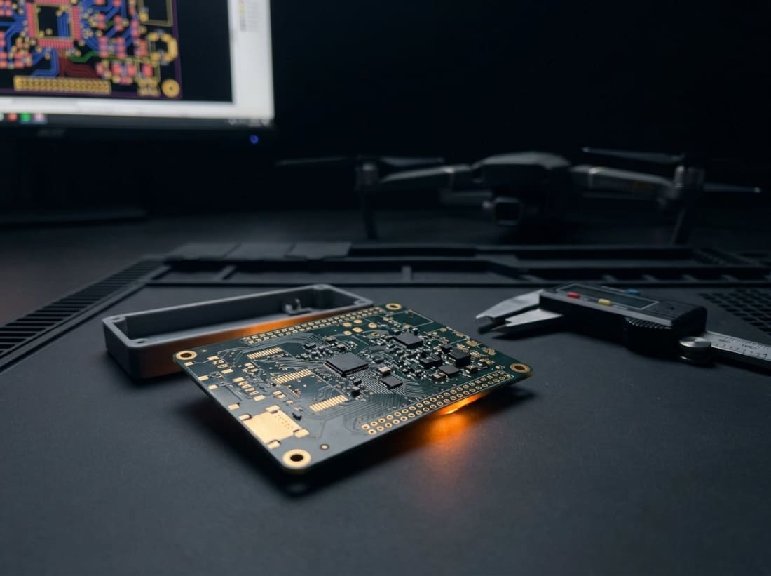 Mühəndislik və layihələndirmə — masada zavod istehsalı sifarişli plata və 3D çap korpus, arxada ekranda PCB tərtibatı