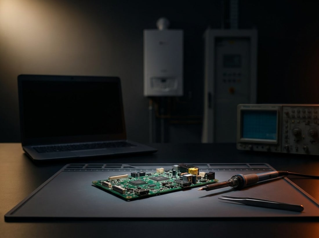 Elektronika təmiri emalatxanası — ön planda işıqlandırılmış plata və lehim ucu, arxada noutbuk, kombi, sənaye idarəetmə şkafı və osilloqraf