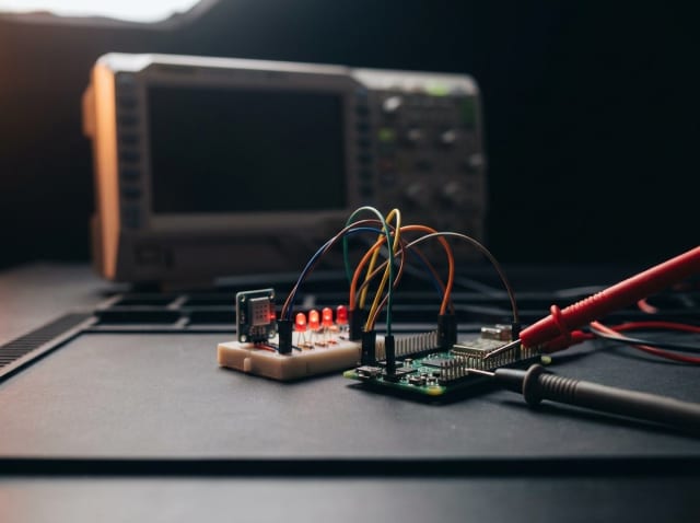 Dərs prosesi — breadboardda LED və sensora qoşulmuş lövhə, multimetr probu