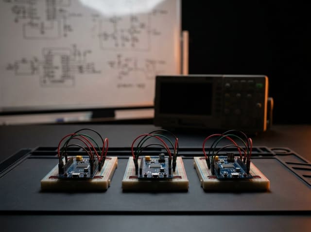 Kurs və mentorluq — bir sırada STM32 lövhələri, breadboard və kabellər, arxada sxem lövhəsi