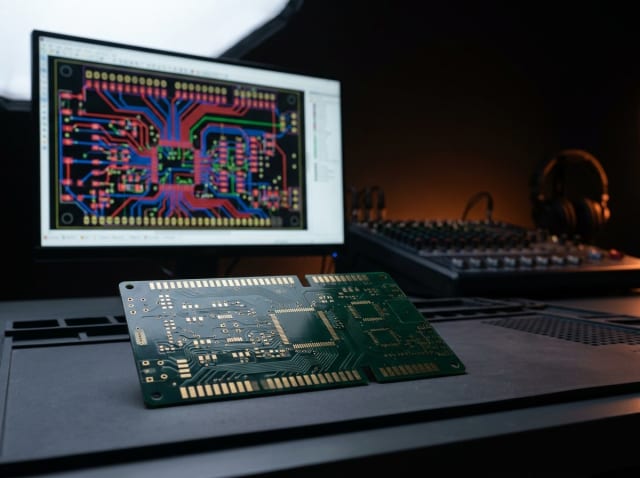 PCB dizaynı — ekranda çoxqatlı plata tərtibatı, masada hazır sifarişli plata